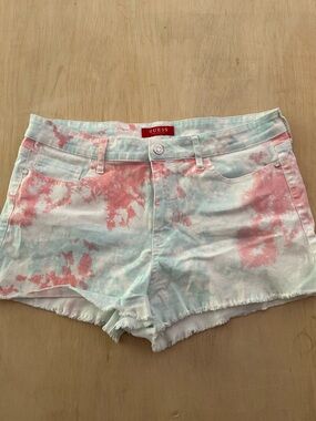 GUESS Women's Tie-Dye Pink & Light Blue Denim Shorts